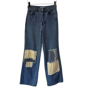 PacSun Women's Baggy Jeans Patchwork Button Fly 25 Blue High Rise 100% Cotton